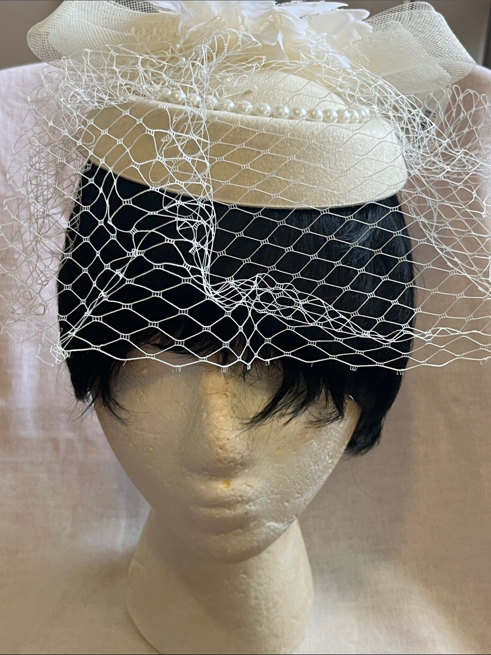 Ivory Pearl Pillbox Veil Fascinator Hat for Women